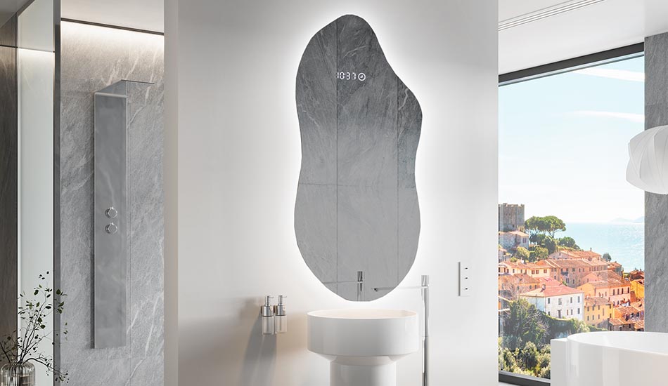 Nepravilno ogledalo s nježnim ambijentalnim osvjetljenjem za elegantan interijer | ARTFORMA