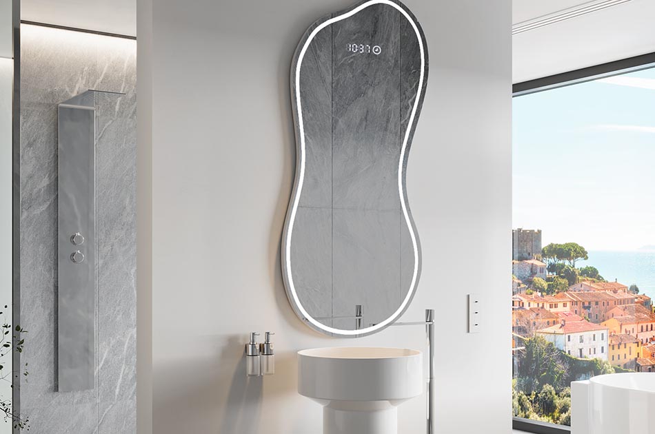 Nepravilno ogledalo s nježnim ambijentalnim osvjetljenjem za elegantan interijer | ARTFORMA