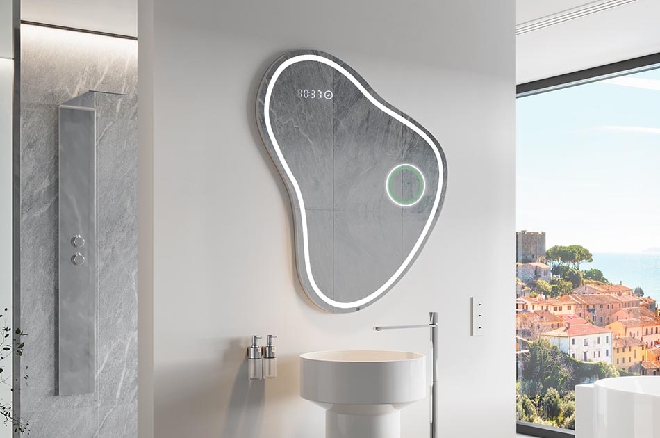 Nepravilno ogledalo s nježnim ambijentalnim osvjetljenjem za elegantan interijer | ARTFORMA