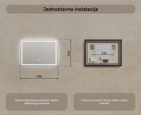 Ogledalo s LED rasvjetom 70x50cm s Dual color, Dodirni prekidač, Grijaća prostirka - L49 #8