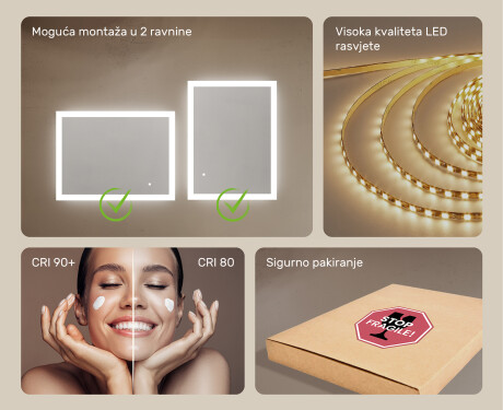 Pravokutno ogledalo za kupatilo s LED osvjetljenjem 80x60 cm s Dual color, Dodirni prekidač #5