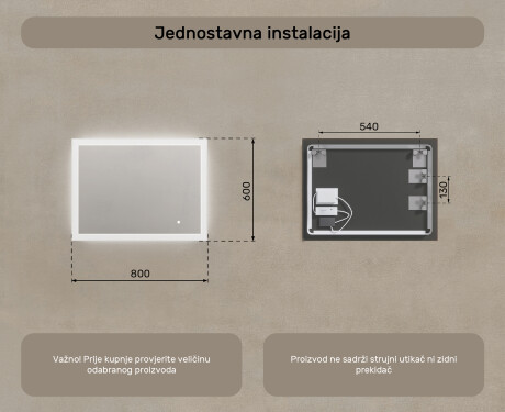 Pravokutno ogledalo za kupatilo s LED osvjetljenjem 80x60 cm s Dual color, Dodirni prekidač #7