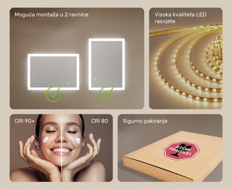 Pravokutno ogledalo za kupatilo s LED osvjetljenjem 100x70 cm s Dual color, Dodirni prekidač #5
