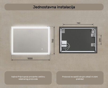 Pravokutno ogledalo za kupatilo s LED osvjetljenjem 100x70 cm s Dual color, Dodirni prekidač #7