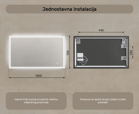 Pravokutno ogledalo za kupatilo s LED osvjetljenjem 120x70 cm s Dual color, Dodirni prekidač #7