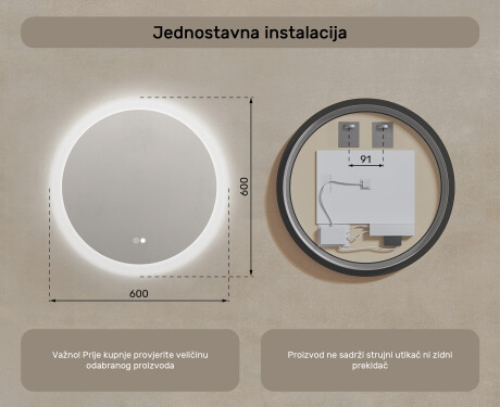 Okrugla ogledala za kupatilo s LED osvjetljenjem 60 cm s Dual color, Dodirni prekidač, Grijaća prostirka #8