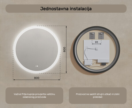 Okruglo ogledalo za kupatilo s LED osvjetljenjem 80 cm s Dual color, Dodirni prekidač, Grijaća prostirka #8