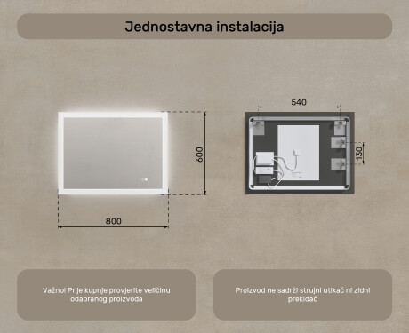 Pravokutno LED ogledalo za kupatilo 80x60 cm s Dual color, Dodirni prekidač, Grijaća prostirka #8