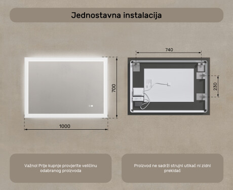Pravokutno ogledalo za kupatilo s LED osvjetljenjem 100x70 cm s Dual color, Dodirni prekidač, Grijaća prostirka #8