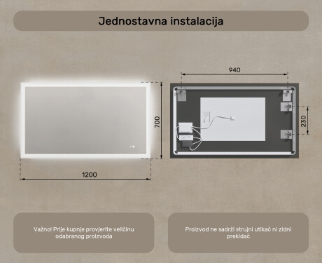 Pravokutno LED osvetljeno ogledalo za kupatilo 120x70 cm s Dual color, Dodirni prekidač, Grijaća prostirka #8