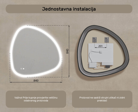 Neregularno ogledalo s osvjetljenjem, 84×84 cm, dvobojno, dodirni prekidač, grijaća podloga #8