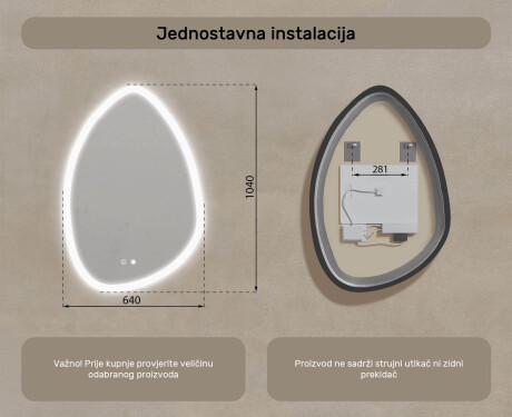 Neregularno ogledalo s osvjetljenjem, 64×94 cm, dvobojno, dodirni prekidač, grijaća podloga #8