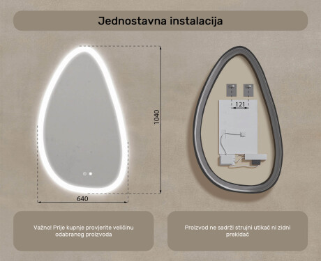 Neregularno ogledalo s osvjetljenjem, 64×104 cm, dvobojno, dodirni prekidač, grijaća podloga #8