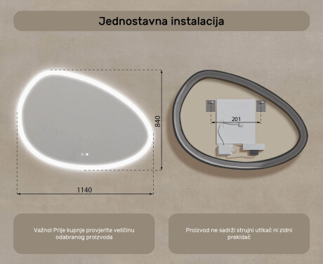 Neregularno ogledalo s osvjetljenjem, 114×84 cm, dvobojno, dodirni prekidač, grijaća podloga #8