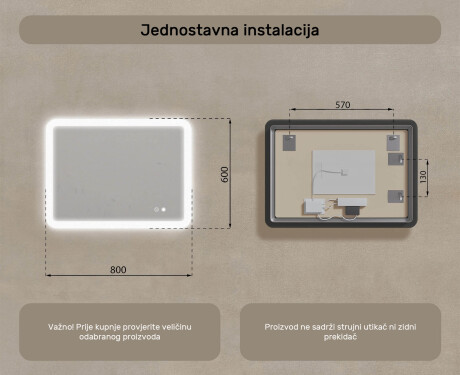 Zaobljeno ogledalo za kupaonicu s LED osvjetljenjem, 80×60 cm, dvobojno, dodirni prekidač, grijaća podloga #8