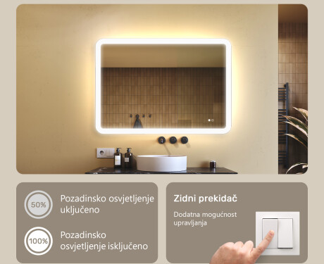 Zaobljeno ogledalo za kupaonicu s LED osvjetljenjem, 100×70 cm, dvobojno, dodirni prekidač, grijaća podloga #4