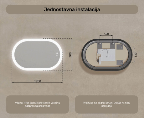 Osvijetljeno ogledalo za kupaonicu, 120×70 cm, dvobojno, dodirni prekidač, grijaća podloga #8