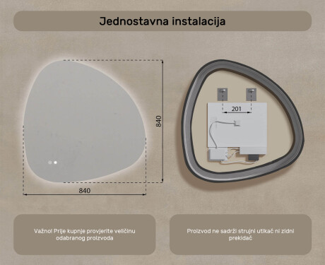 Neregularno ogledalo s osvjetljenjem, 84×84 cm, dvobojno, dodirni prekidač, grijaća podloga #8