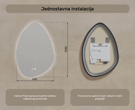 Neregularno ogledalo s osvjetljenjem, 64×94 cm, dvobojno, dodirni prekidač, grijaća podloga #8