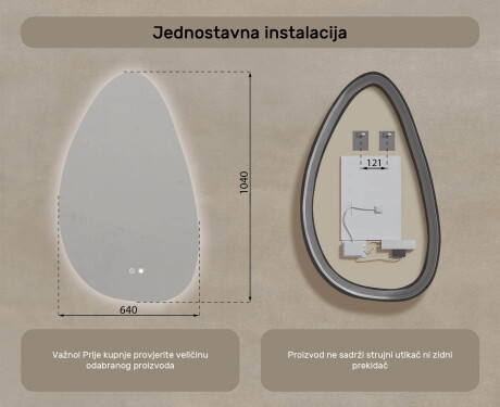 Neregularno ogledalo s osvjetljenjem, 64×104 cm, dvobojno, dodirni prekidač, grijaća podloga #8
