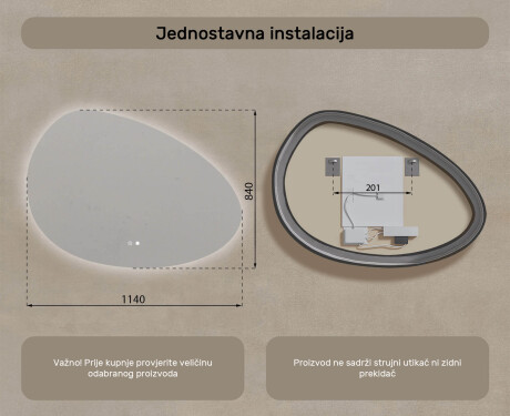 Neregularno ogledalo s osvjetljenjem, 114×84 cm, dvobojno, dodirni prekidač, grijaća podloga #8