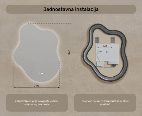 Neregularno ogledalo s osvjetljenjem, 74×94 cm, dvobojno, dodirni prekidač, grijaća podloga #8