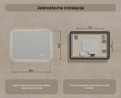 Zaobljeno ogledalo za kupaonicu s LED osvjetljenjem, 80×60 cm, dvobojno, dodirni prekidač, grijaća podloga #8