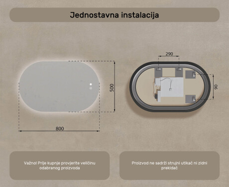 Osvijetljeno ogledalo za kupaonicu, 80×50 cm, dvobojno, dodirni prekidač, grijaća podloga #8