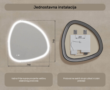 Neregularno ogledalo s osvjetljenjem, 74×74 cm, dvobojno, dodirni prekidač, grijaća podloga #8